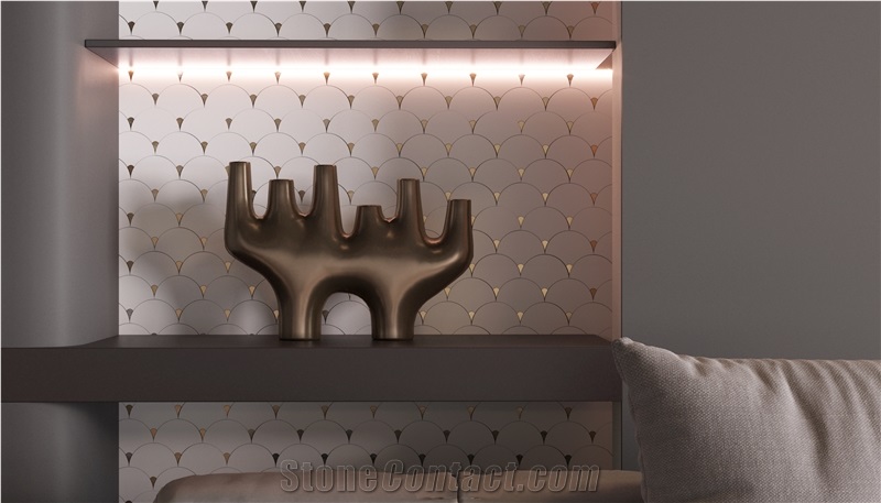 Shell Shaped Brass Inlaid Marble Mosaic Tiles For Home Wall