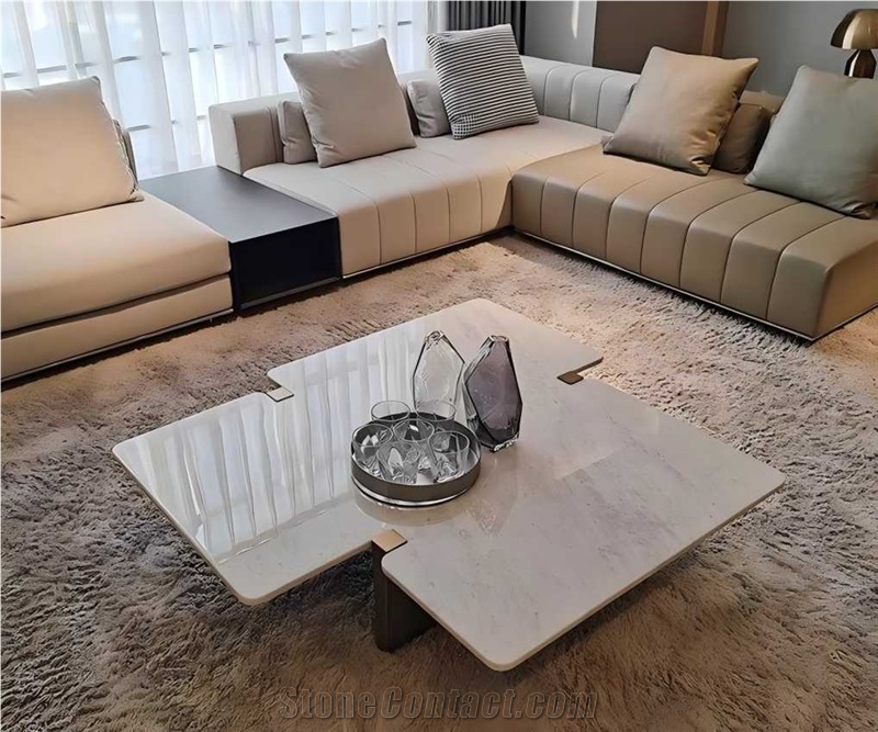 Snowflake White Marble Alien Shaped Coffee Table For Living