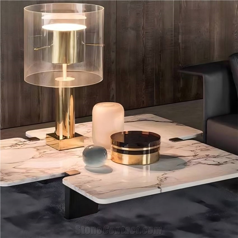Snowflake White Marble Alien Shaped Coffee Table For Living