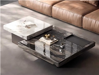 Venetian Grey Marble Coffee Table Set For Home Decoration