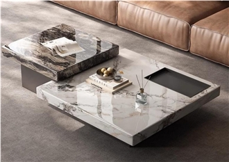 Venetian Grey Marble Coffee Table Set For Home Decoration