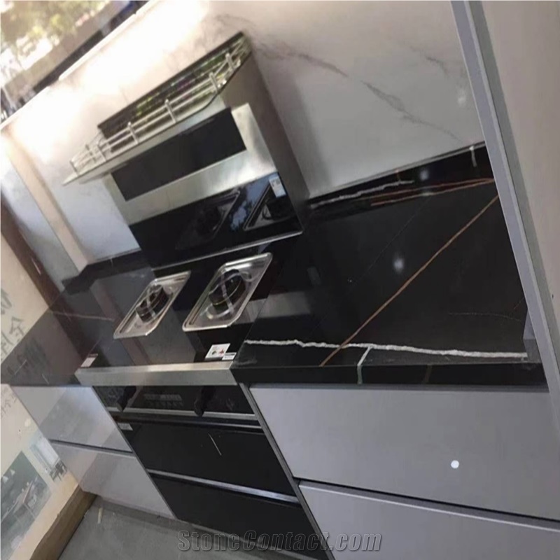 China  Artificial Lauren Black Gold Quartz Slabs