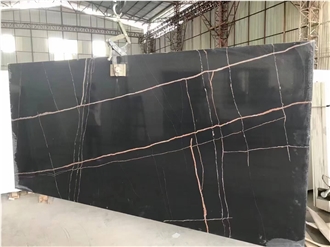 China  Artificial Lauren Black Gold Quartz Slabs