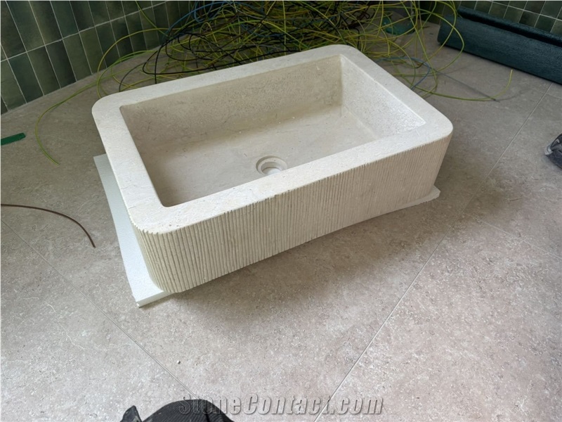 Beige Limestone  Wash Basin With Make The Lines At The Side
