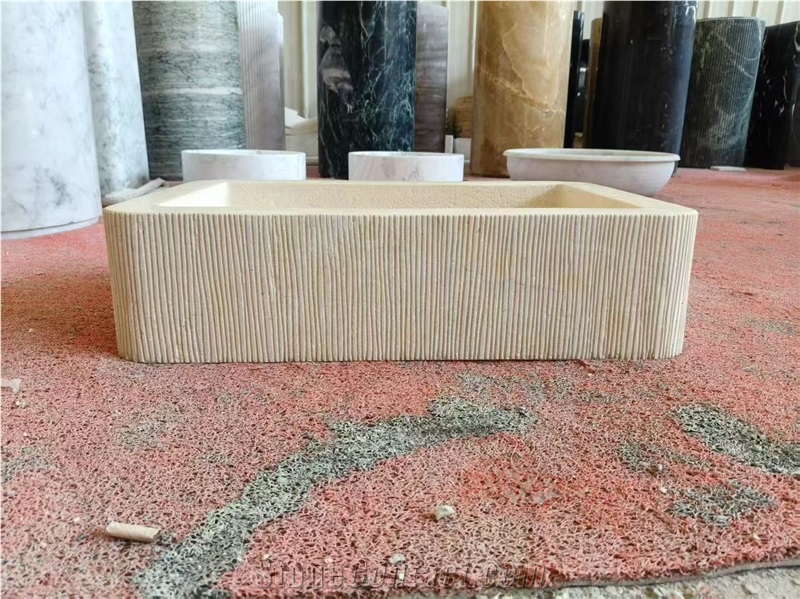 Beige Limestone  Wash Basin With Make The Lines At The Side