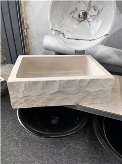 Beige Limestone  Wash Basin With Make The Lines At The Side