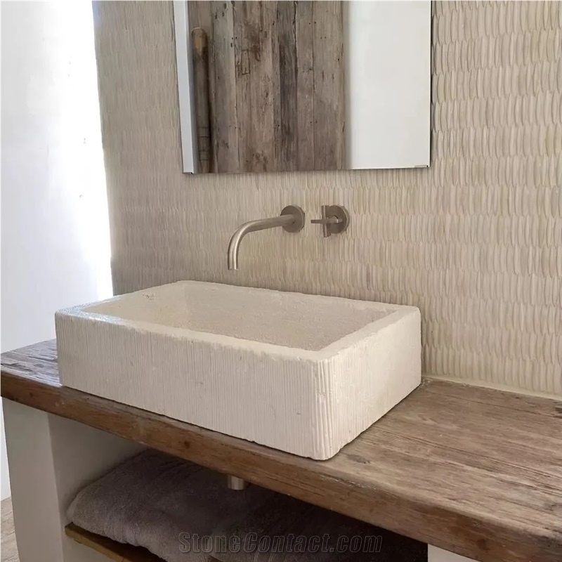 Beige Limestone  Wash Basin With Make The Lines At The Side