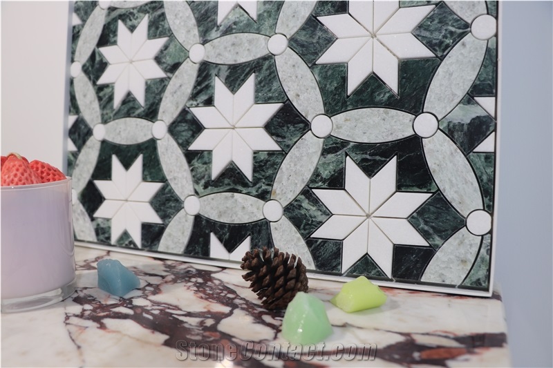 Green Marble Flower Shape Patterned Mosaic Tiles