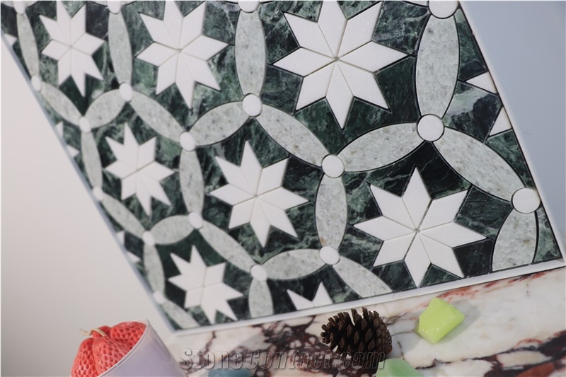 Green Marble Flower Shape Patterned Mosaic Tiles