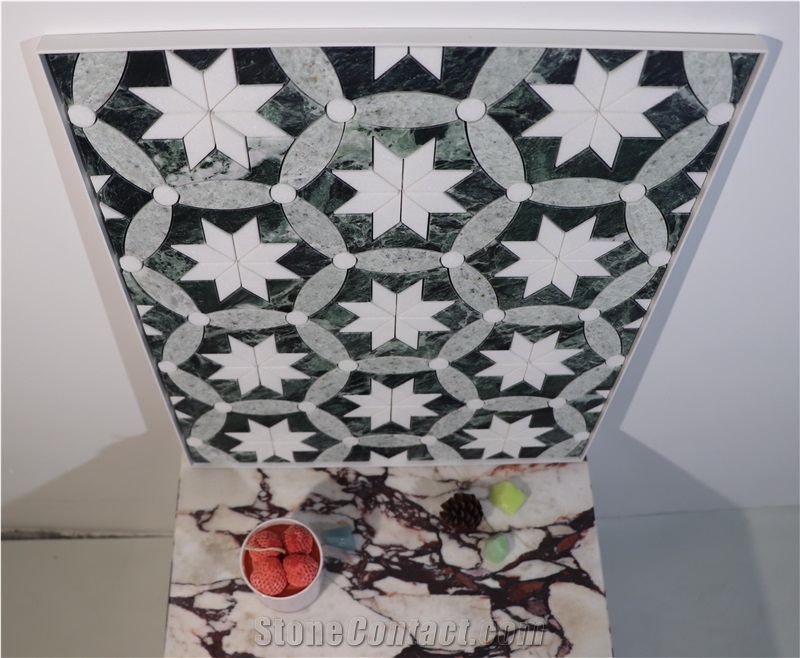 Green Marble Flower Shape Patterned Mosaic Tiles