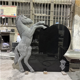 Black Granite Hand Carved Horse With Heart Headstone