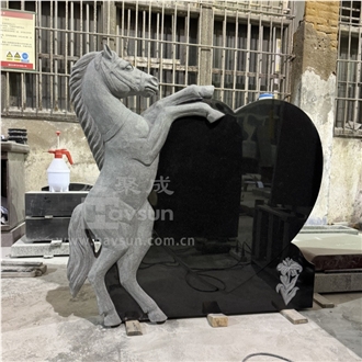 Black Granite Hand Carved Horse With Heart Headstone