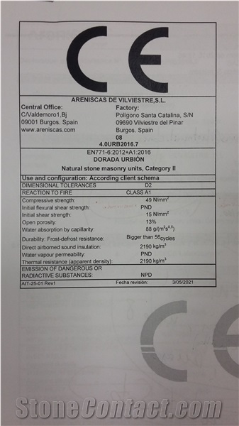 CE Certificate for the sandstone of our quarry