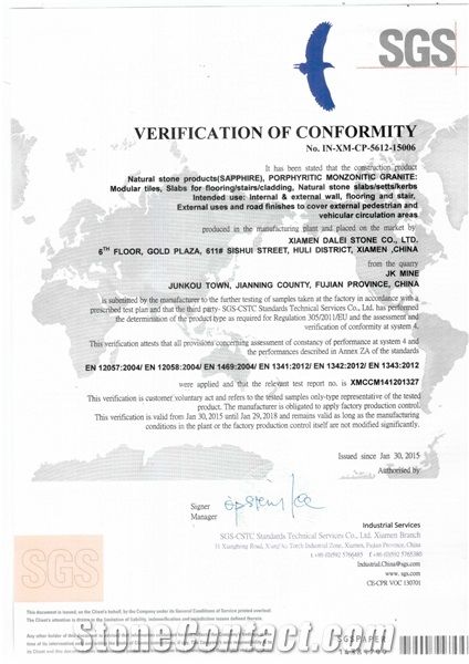 Blue Sapphire Granite CE Certificate