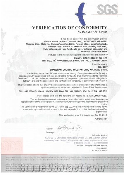 Tianshan Red Granite CE Certificate