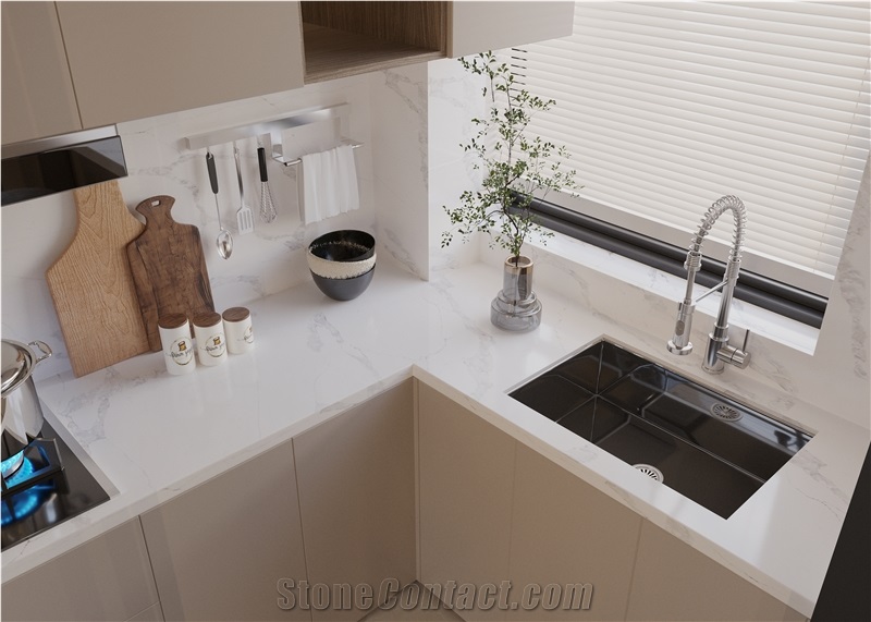 Chinese Polish Clear Grey Veins White Quartz Slabs
