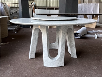Carrara White Marble Round Dining Table With Rotating Tray