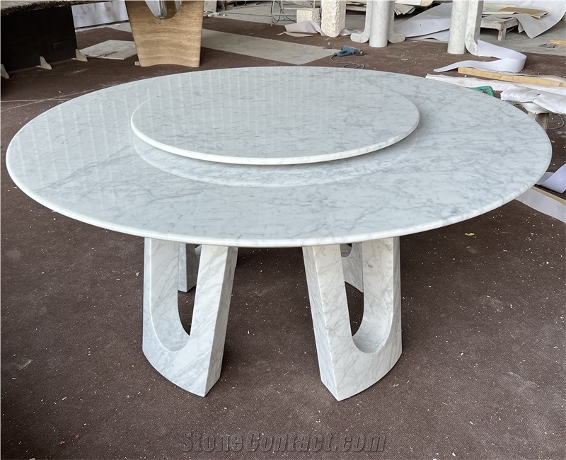 Carrara White Marble Round Dining Table With Rotating Tray
