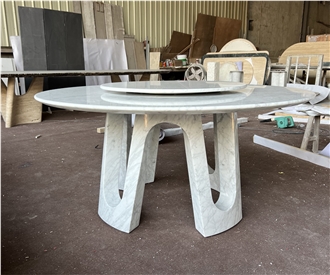 Carrara White Marble Round Dining Table With Rotating Tray