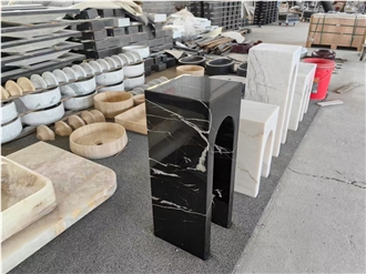 HRST Black White Marble Side Table Arch Shape Console Desk