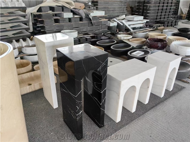 HRST Black White Marble Side Table Arch Shape Console Desk