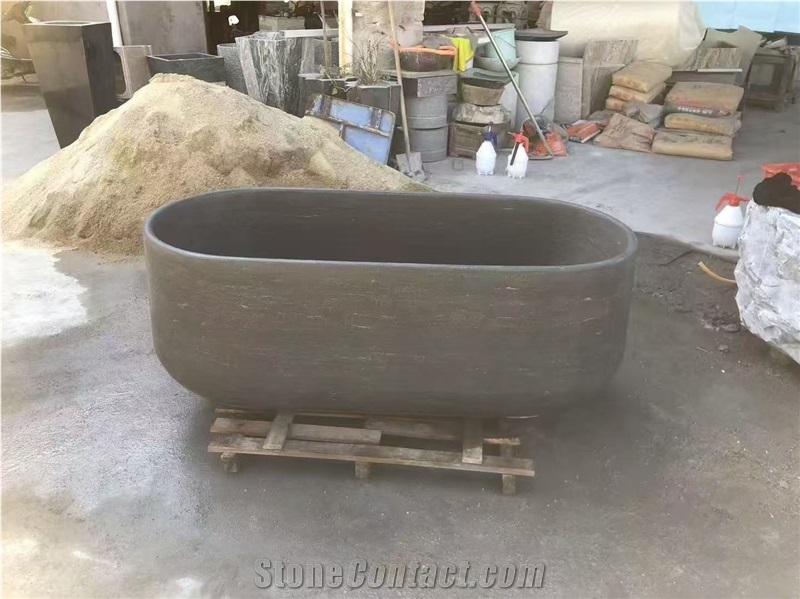 Carved Solid Grey Limestone Charcoal Stone Bathtub For SPA