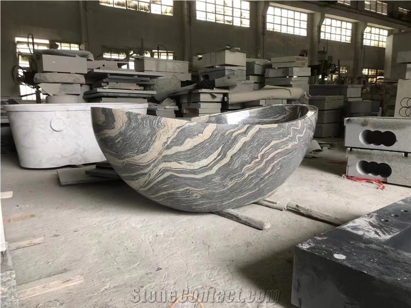 Carved Solid Grey Limestone Charcoal Stone Bathtub For SPA