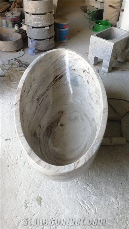 Carved Solid Grey Limestone Charcoal Stone Bathtub For SPA