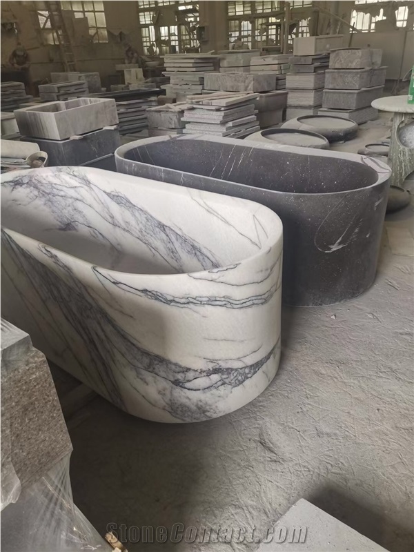 Carved Solid Grey Limestone Charcoal Stone Bathtub For SPA