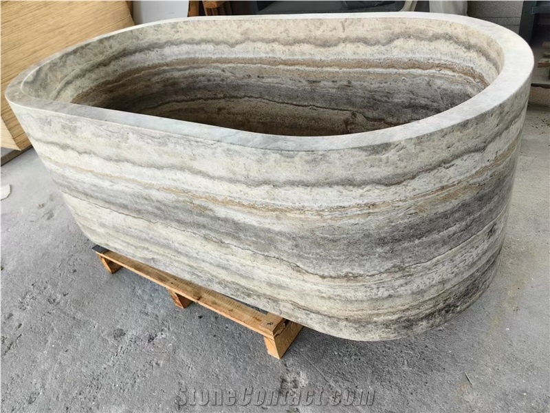 Carved Solid Grey Travertine Oval Silver Travertine Bathtub