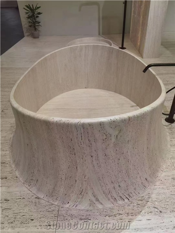 Carved Solid Grey Travertine Oval Silver Travertine Bathtub