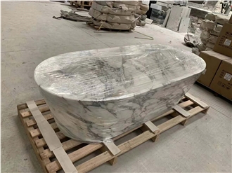 Carved Solid Grey Travertine Oval Silver Travertine Bathtub