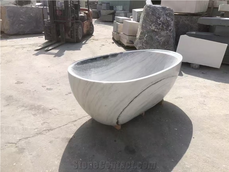 Carved Solid Marble Panda White Freestanding Bathtub For SPA