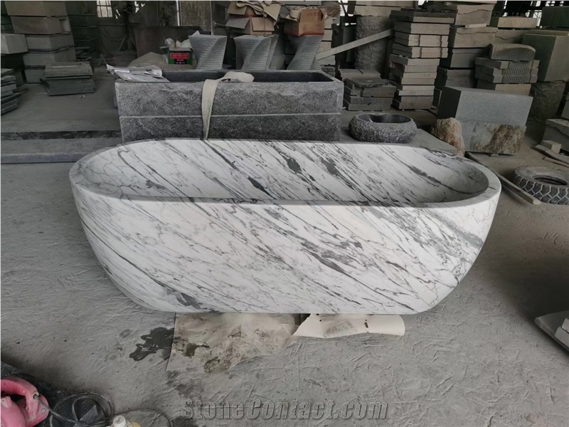 Carved Solid Marble Panda White Freestanding Bathtub For SPA