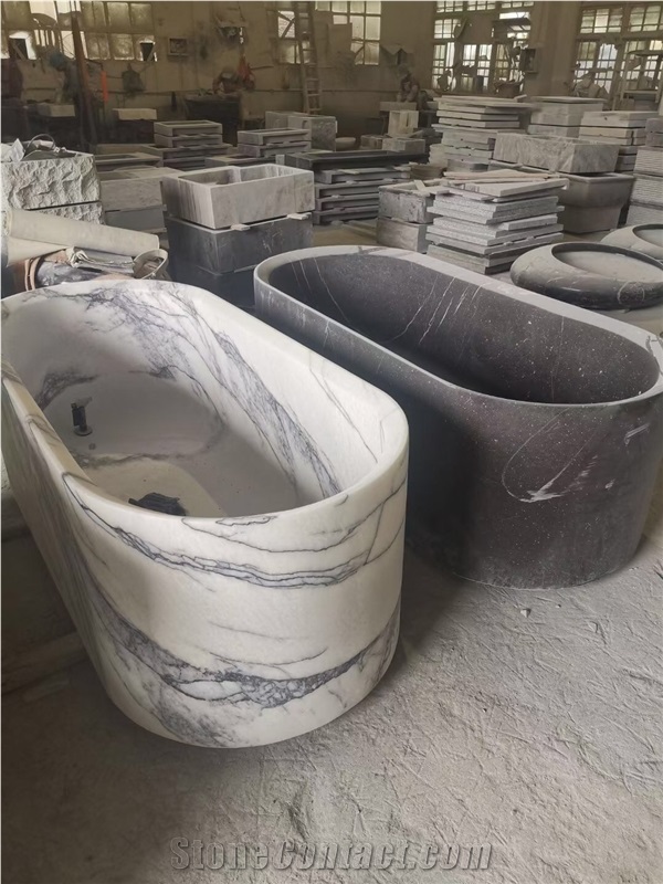 Carved Stocking Solid Marble Statuario Freestanding Bathtub