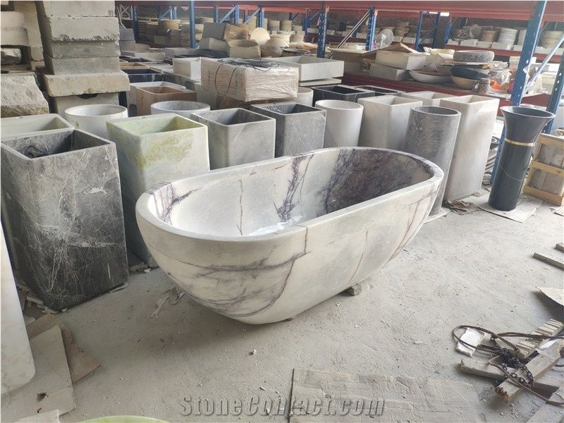Carved Stocking Solid Marble Statuario Freestanding Bathtub