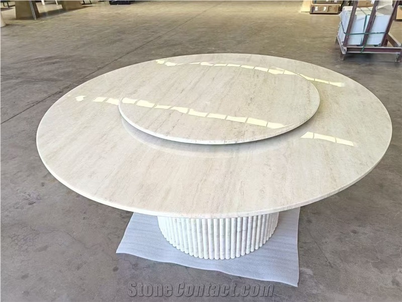 Fluted Travertine Leg Super White Travertine Dining Table