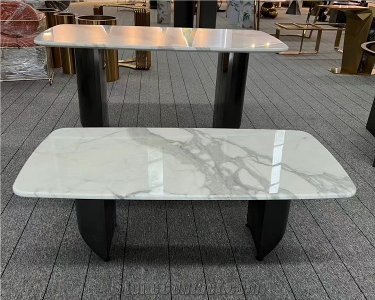 Calacatta White Dining Tabletop Combined With Metal Leg
