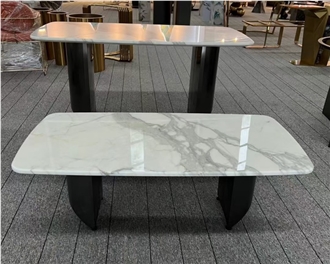 Calacatta White Dining Tabletop Combined With Metal Leg