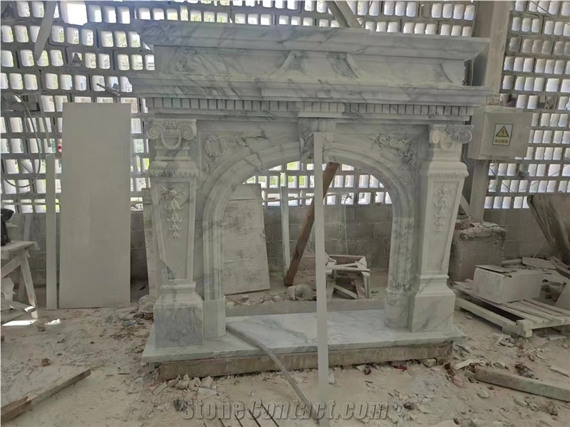 Calacatta White Marble Engraved Indoor Fireplace