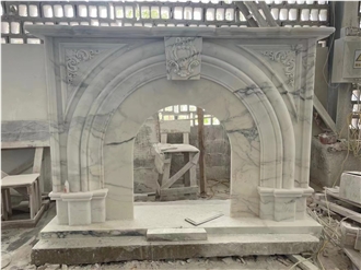 Calacatta White Marble Engraved Indoor Fireplace