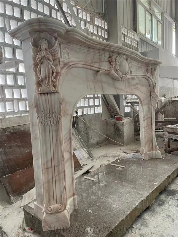 Calacatta White Marble Engraved Indoor Fireplace