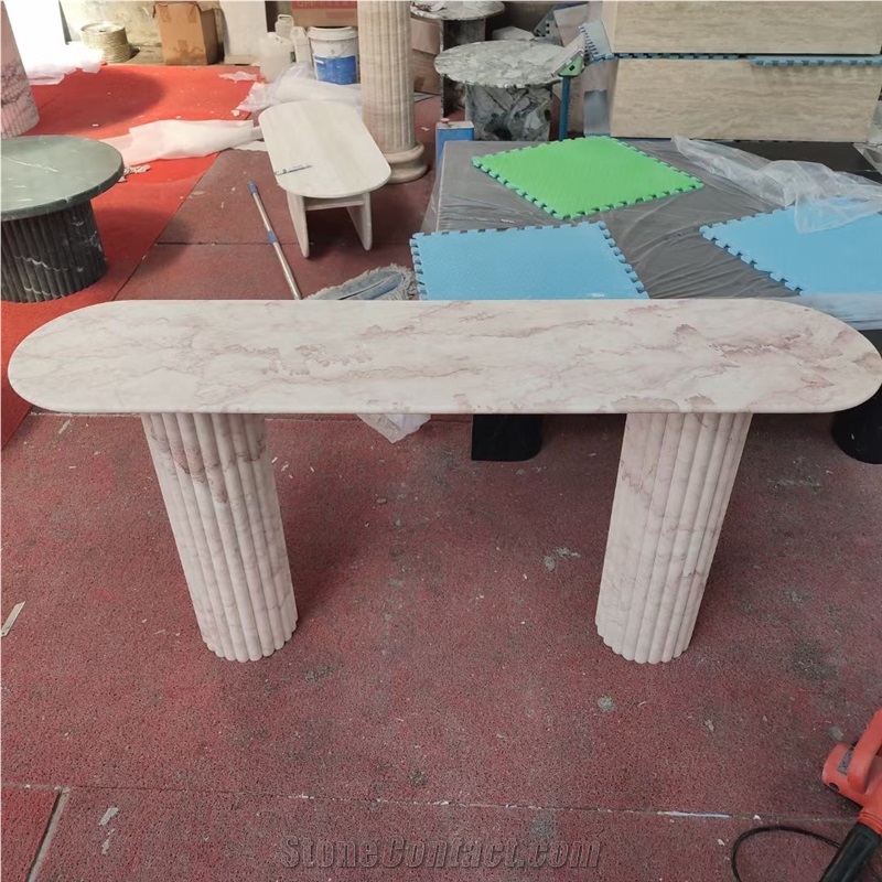 Pink Marble Console Table With Fluted Edge Solid Legs
