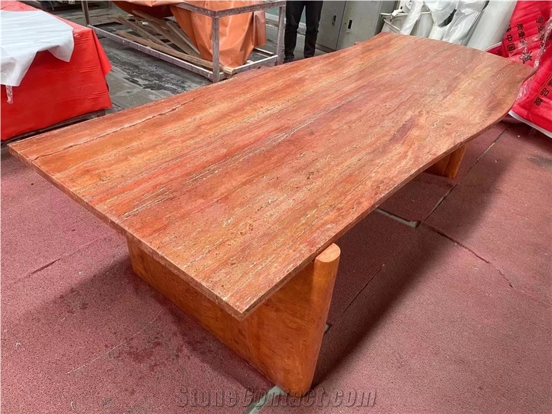 Red Travertine Long Dining Table