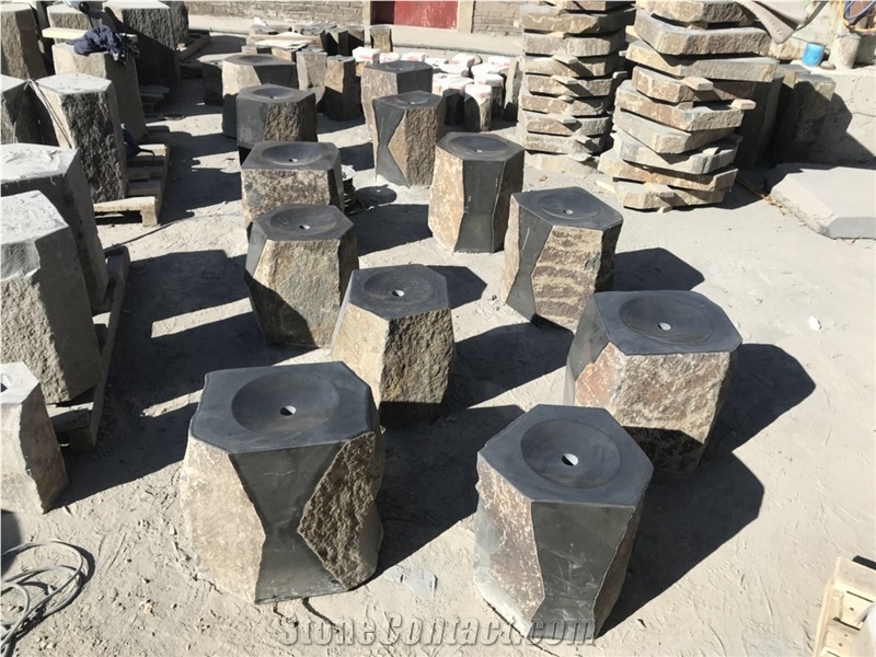 Rock Black Stone Pedestal Post Fountains
