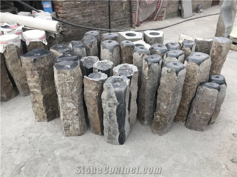 Rock Black Stone Pedestal Post Fountains