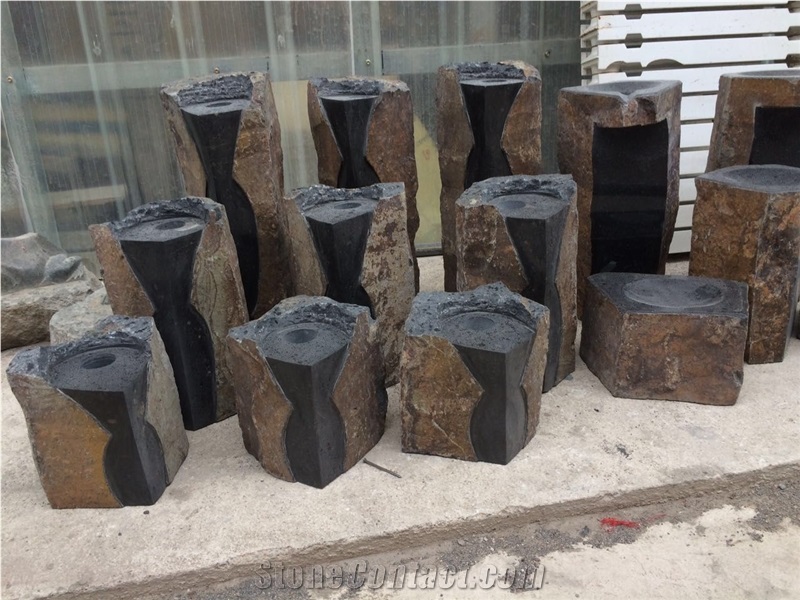 Rock Black Stone Pedestal Post Fountains