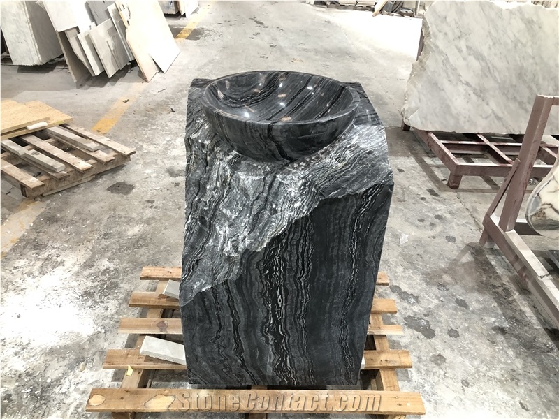 Solid Ancient Black Wood Marble Pederstal Basin