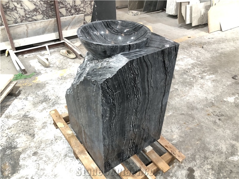 Solid Ancient Black Wood Marble Pederstal Basin