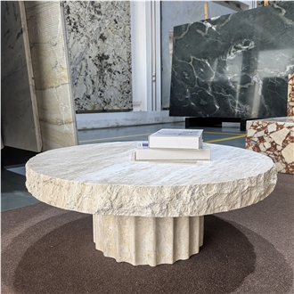 Chiseled-Edge Thickened Beige Travertine Coffee Table